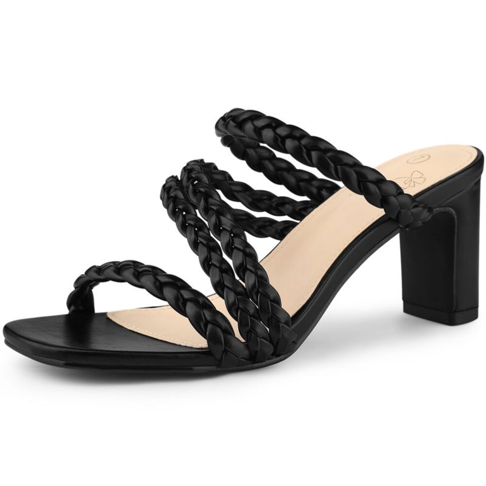 Braided Heeled Square Toe Chunky Heels Black Slide Sandals